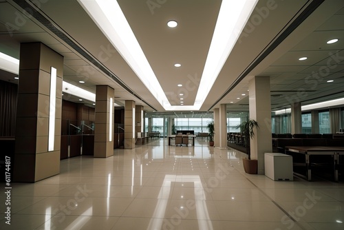 Contemporary Modern Bank Office Interior with Stylish Lamp and Corporate Communication Success Inside. Generative AI