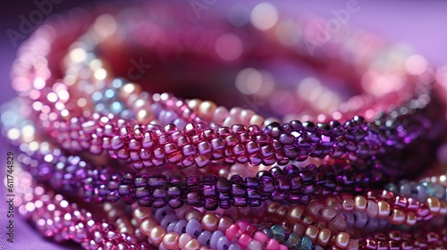 Closeup Handmade Beaded Bracelet in Smooth Pink and Lilac Colors. Decorative, Beautiful and Colorful Art Design for Women: Generative AI © AIGen