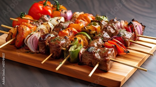 Delicious Lamb Kebab on Skewer. Grilled Fillet Leg of Lamb with Paprika Seasoning cooked to Roast perfection. Generative AI