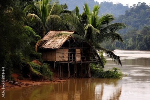 Escape to Nature: A Tropical Bamboo Hut with Old-world Charm in a Wooded Laotian Village. Generative AI