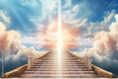 Glory Stairway to Heaven: Symbol of Christianity, Meeting God amid Paradise Gates, Rewarding Path to New Life in Sky with Jesus Christ. Generative AI photo