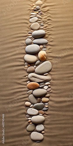 Art de galets minimaliste avec une série d'empreintes de pas de galets ressemblant à des rochers dans le sable menant à l'océan