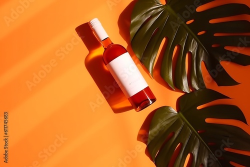 top horizon of tropical waver hound , White bottle and wine field glass on orange background. Creative resource, AI Generated
