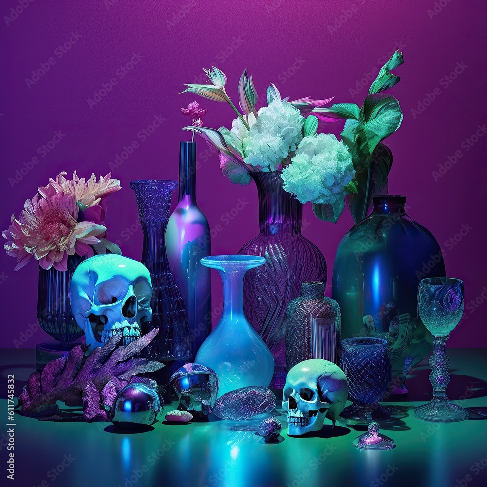 Various glass vases with flowers, skulls and pumpkings. Dark contrast vaporwave colorful vibrant glass objects. Halloween dreamy mystical scene wallpaper. Generated AI.