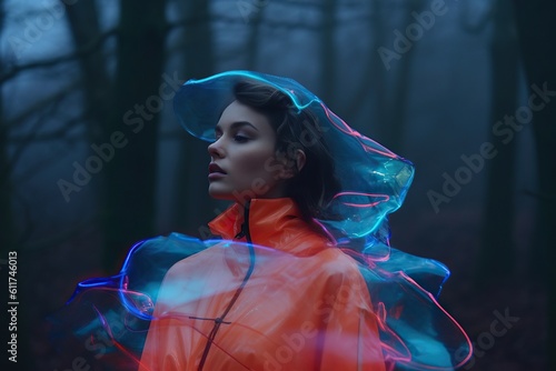 Beautiful woman in neon orange blue mist mistical dark forest in neon transparent plastic dress. Generated AI.