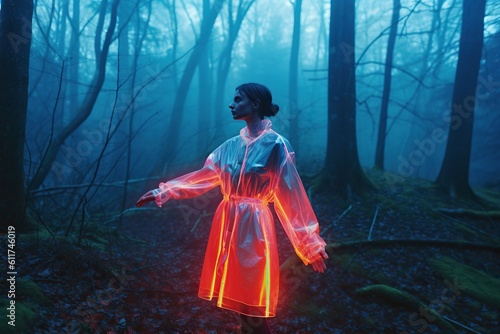 Beautiful woman in neon orange blue mist mistical dark forest in neon transparent plastic dress. Generated AI.