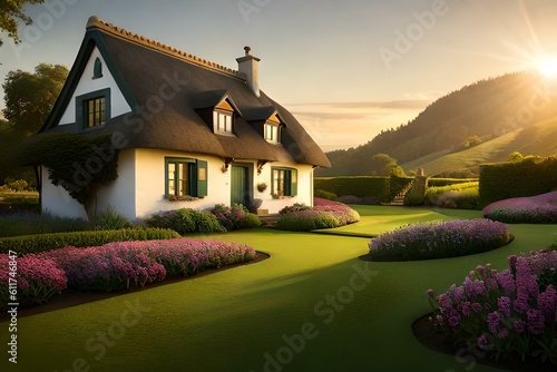 An idyllic image of a charming cottage nestled in a picturesque countryside, surrounded by blooming flowers and rolling hills