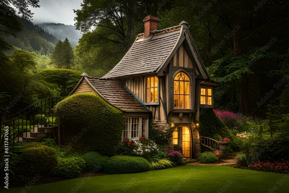 An idyllic image of a charming cottage nestled in a picturesque countryside, surrounded by blooming flowers and rolling hills