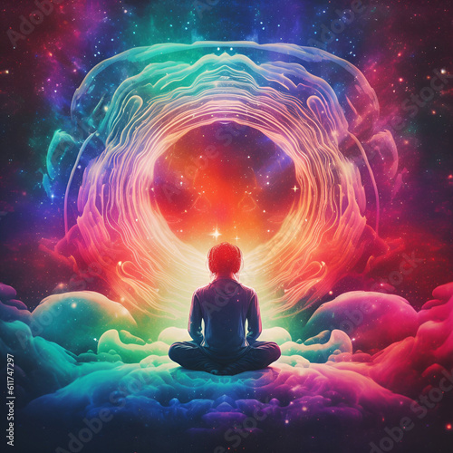 Illustration of a meditating person against the background of a multi colored universe. AI generated content.