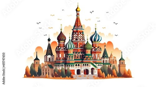 Scene silhouette of famous place Beautiful landscape Kremlin Saint Basil Cathedral in Moscow vector. Generated with AI.