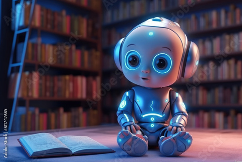 AI Learn Concept. Small Baby Robotic Futuristic Technology Drone Read the Book in Library extreme closeup. Generative AI.
