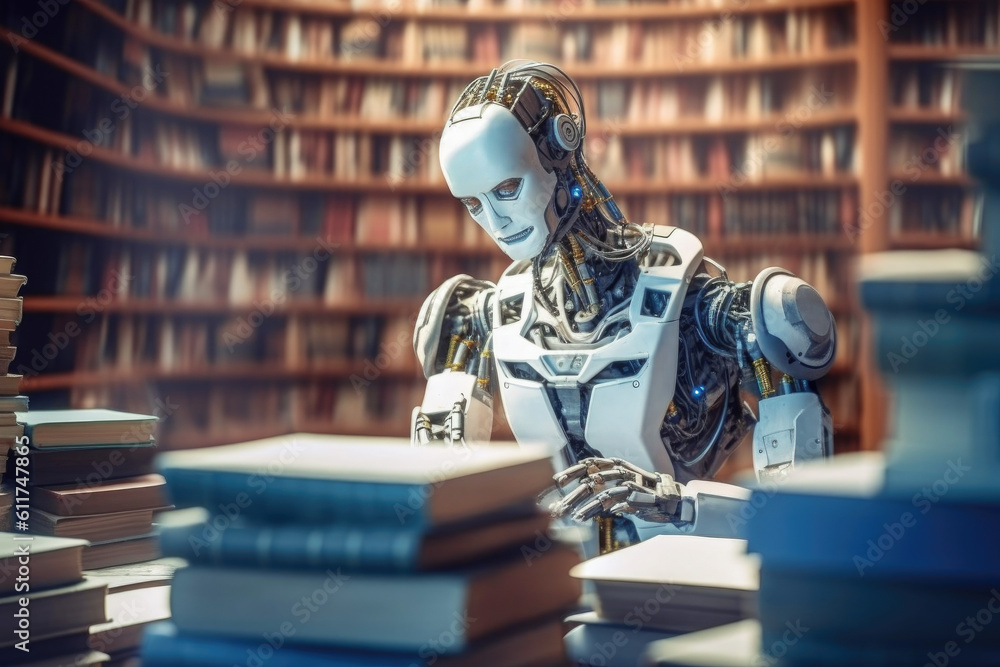 AI Learn Concept. Humanoid Robotic Futuristic Technology Drone Read the Books in Library extreme closeup. Generative AI. AI Learn Concept. Humanoid Robotic Futuristic Technology Drone Read the Books in Library extreme closeup. Generative AI.
