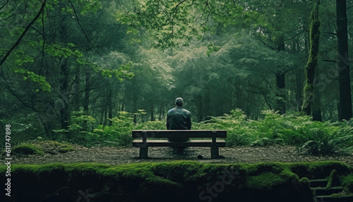 The Concept of Unity with Nature. A Man Relaxes and Contemplates a Beautiful Green Forest extreme closeup. Generative AI.