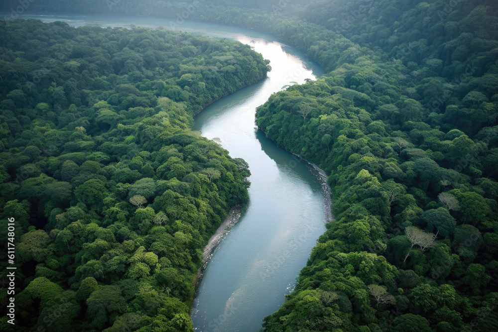 Landscape Aerial View of Wide and Long River in the Middle of the Jungle Forest extreme closeup. Generative AI