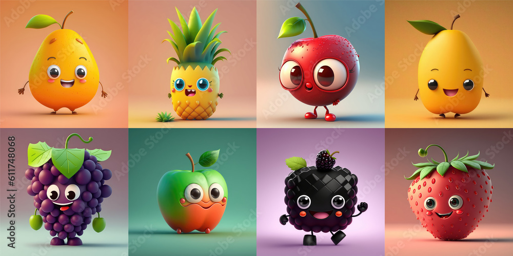 Happy Cartoon Fruits characters collection, Cute Cartoon 3D fruit set, isolated on flat simple Background with copy space. Generative AI 3d illustration imitation. - obrazy, fototapety, plakaty 