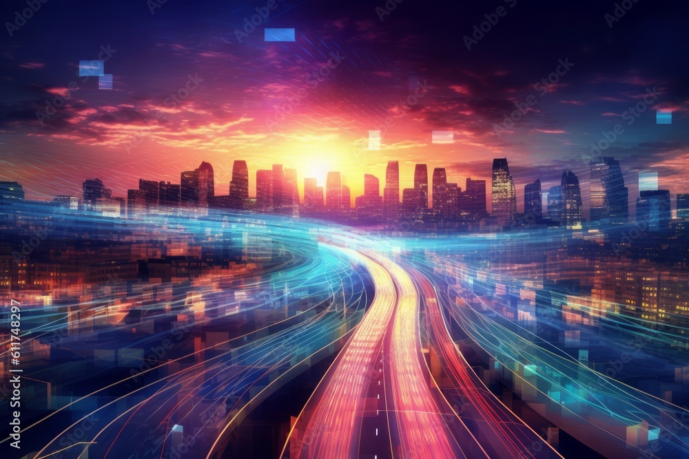 Fototapeta premium Abstract highway path through digital smart city graphic design. Generative AI
