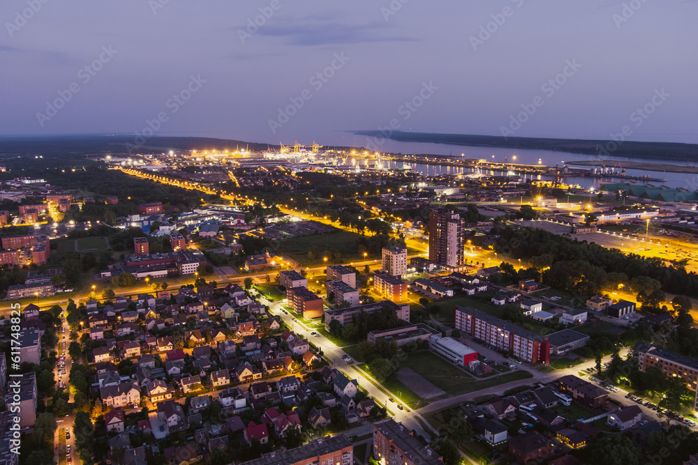 Scenic aerial view of the Old town of Klaipeda, Lithuania in purple evening light. Klaipeda city port area and it's surroundings.