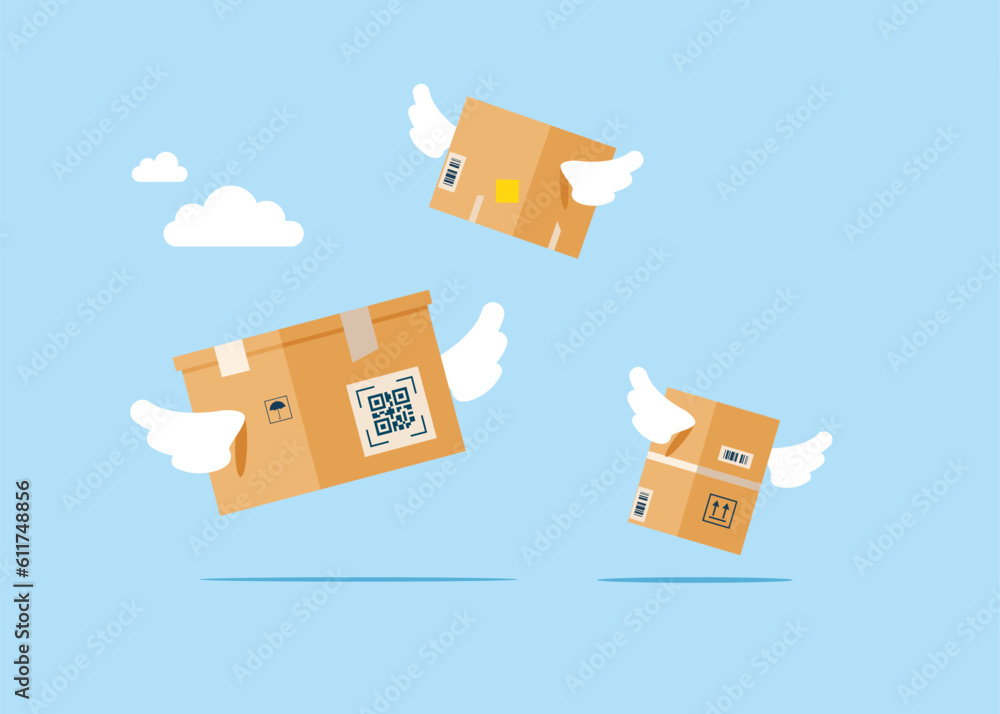 Boxes with wings fly in sky. Home delivery, courier, parcel post, international trade and online shopping. Flat vector illustration