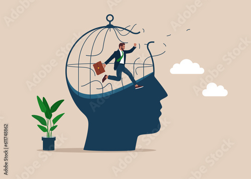 Businessman breaking out the cage on Big head human, think growth mindset concept. Escape from the prison of the mind. Vector illustration.