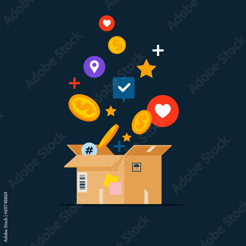 Donation and charity concept. Donation Box with coin, money. Modern vector illustration in flat style. 