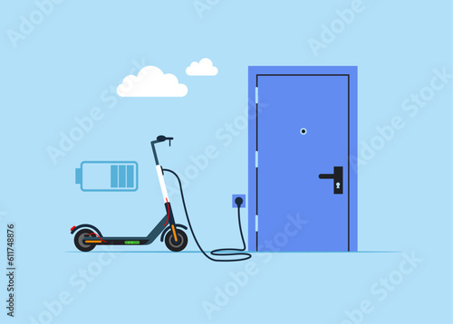 Ecological city transport. Electric scooter charged at home from the electrical mains. Electric wire is plugged into the outlet. Flat vector illustration