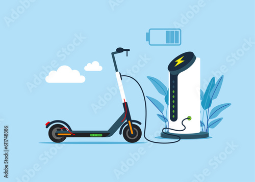 Ecological city transport. Electric scooter battery charger. Public scooter charging station. Sustainable green energy for ecology environment. Flat vector illustration