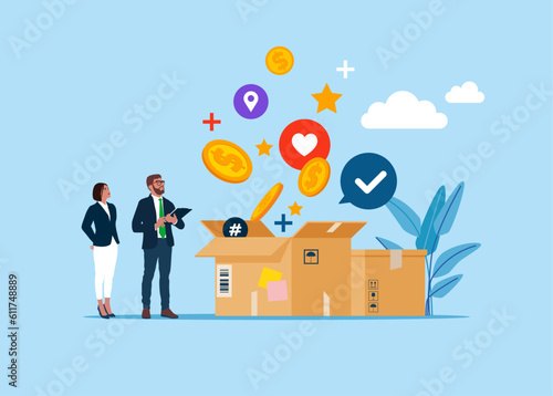 Business people checking supply. Donation and charity concept. Donation Box with coin, money. Flat vector Illustrations.