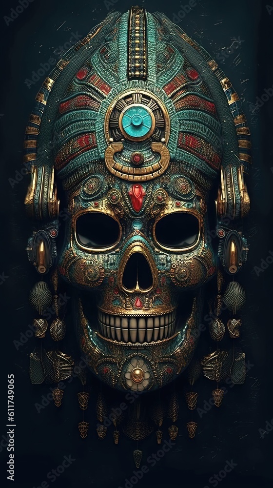 Un crâne avec un thème aztèque et des runes rougeoyantes. Montezuma roi.