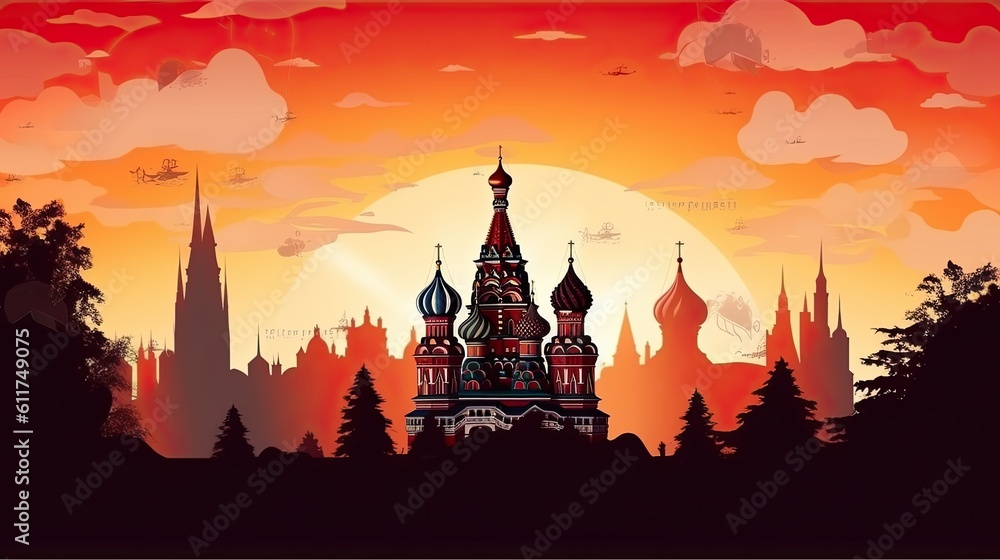 Scene silhouette of famous place Beautiful landscape Kremlin Saint Basil Cathedral in Moscow vector. Generated with AI.