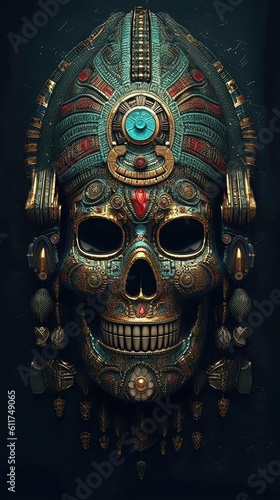 Un crâne avec un thème aztèque et des runes rougeoyantes. Montezuma roi. © MiniMaxi