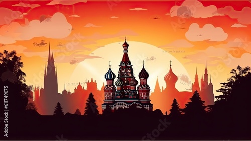 Scene silhouette of famous place Beautiful landscape Kremlin Saint Basil Cathedral in Moscow vector. Generated with AI.