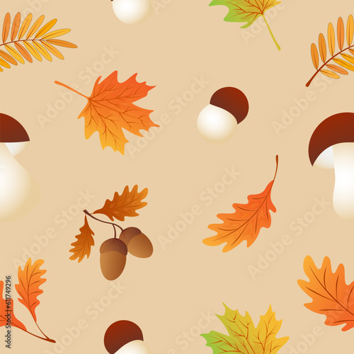 Autumn seamless pattern with maple leaves,acorns,oak leaves,rowan leaves,ceps.
