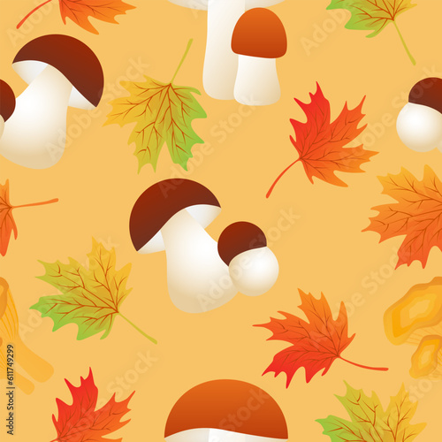 Autumn seamless pattern with maple leaves,ceps, chanterelle, orange boletus.