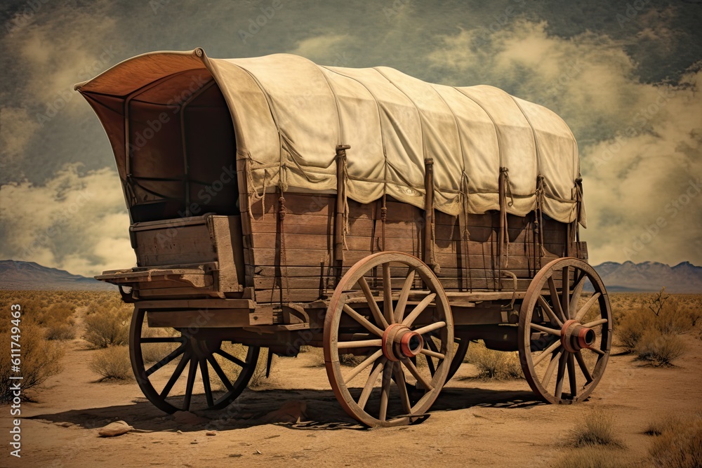 Vintage Covered Wagon on the Frontier: A Historic Haul through Hardship by Cowboy and Canvas Bluff. Generative AI