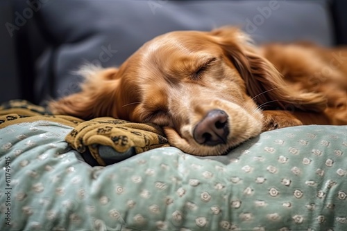Old Dog Curled Up Sleeping on Soft Mattress with Comfort and Happiness: Generative AI