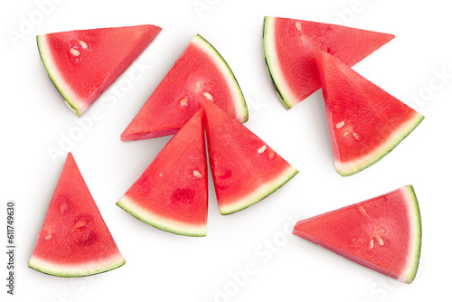 Red seedless watermelon slices isolated on white background. Top view. Flat lay