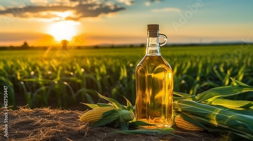  Vegetable corn oil. Pumpkins with grains and fields background, vegetarian dressing for salads and cooking. Healthly food. Generative AI © Marynkka_muis