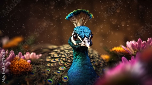 cute peacock hind behind flower bush, generative Ai