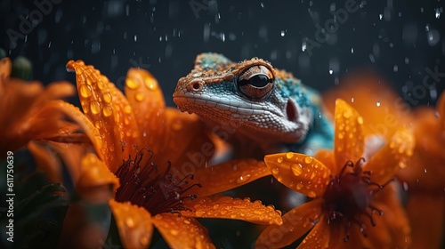 cute lizard hind behind flower bush  generative Ai