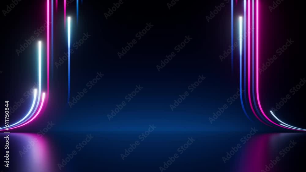 3d animation, abstract pink blue neon lines ascending from center to the sides. Digital ultraviolet background