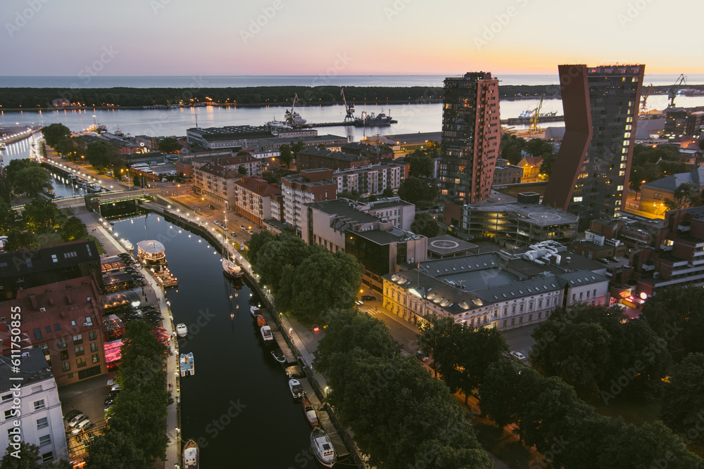 Scenic aerial view of the Old town of Klaipeda, Lithuania in evening light. Klaipeda city port area and it's surroundings on summer day.