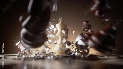 The white wooden king chess piece falls onto the chessboard and smashes the black chess pieces. 3d animation of aggressive attack and successful strategy. Winning the game.