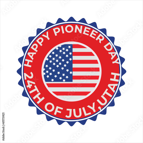 With the USA National Flag and grunge texture, the Happy Pioneer Day Badge, Emblem, Seal, Stamp, Rubber, T-shirt, Sticker, and Label Design are designed in a retro vintage style.