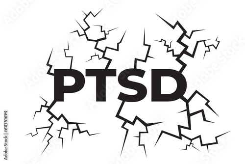 PTSD and post traumatic stress disorder - text and cracks as metaphor of mental pain, harm and stress. Vector illustration of text on white background.