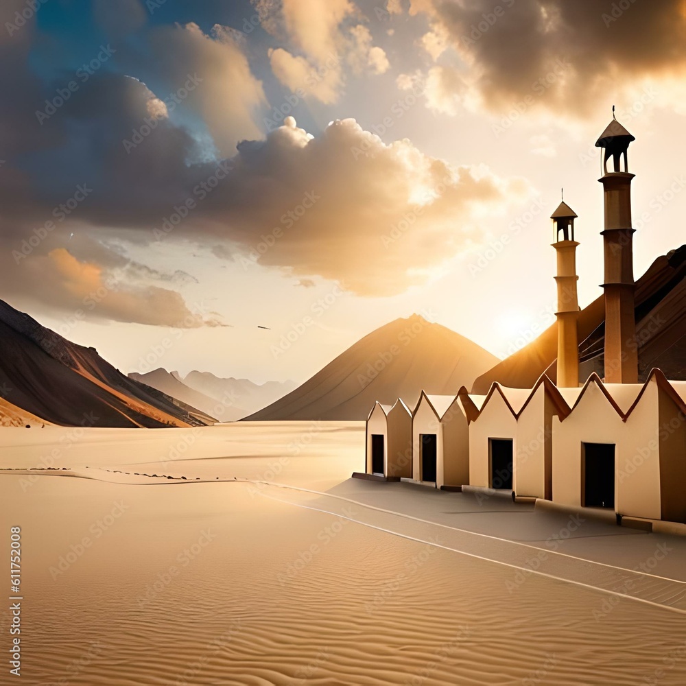 house in the mountains , mosque in the desert , sunset over the desert ,