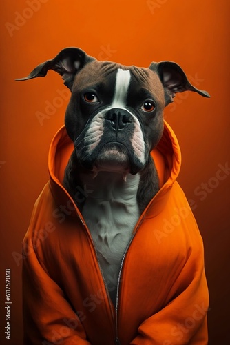 A cool dog in an orange jacket on an orange background © Vladyslav  Andrukhiv