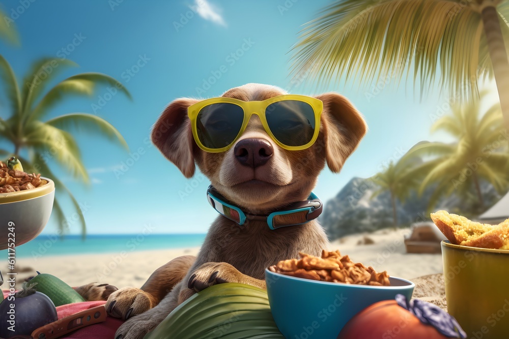 generative AI illustration of a dog sitting on a beach wearing sunglasses.
