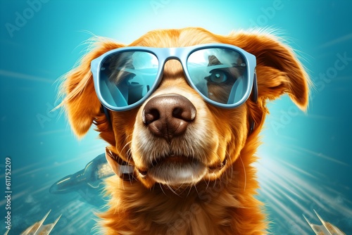 generative AI illustration of a dog sitting on a beach wearing sunglasses.