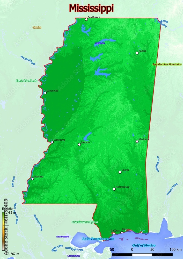 Physical map of Mississippi with mountains, plains, bridges, rivers