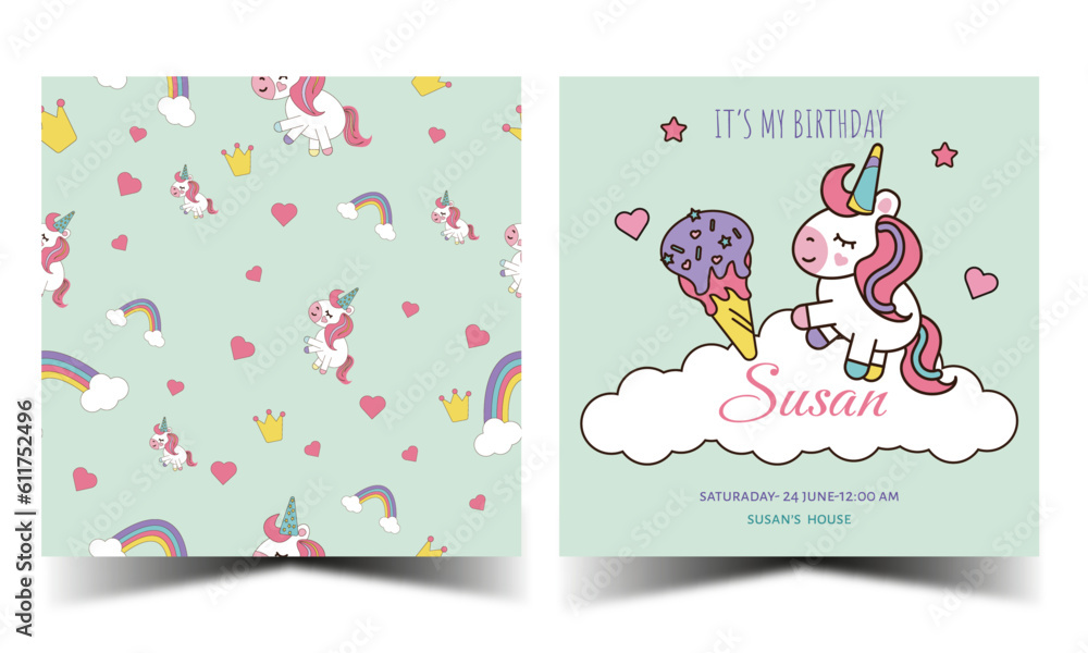 Seamless pattern front for card or wallpaper and card invitation with unicorn design and staff in light green. CMYK format, ready to print. Vector illustration Seamless pattern front for card or wallpaper and card invitation with unicorn design and staff in light green. CMYK format, ready to print. Vector illustration